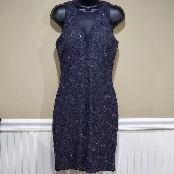 Nightway Womens Dark Blue Sequined Lace Illusion Neck Cocktail Sheath Dress Sz 8 - Picture 1 of 8
